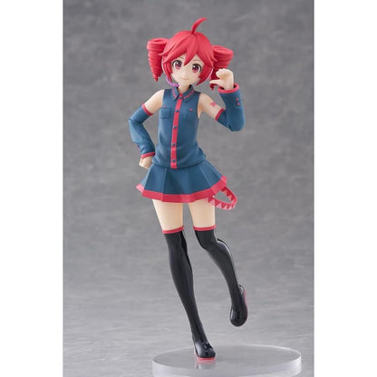 Kasane Teto figure with red drill pigtails, blue outfit and black boots on a clear round base.