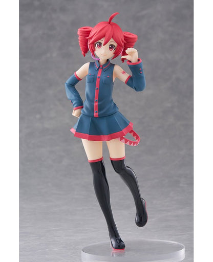 Red-haired anime girl figure in teal sleeveless shirt and skirt, black thigh-high socks, on a clear base, gray