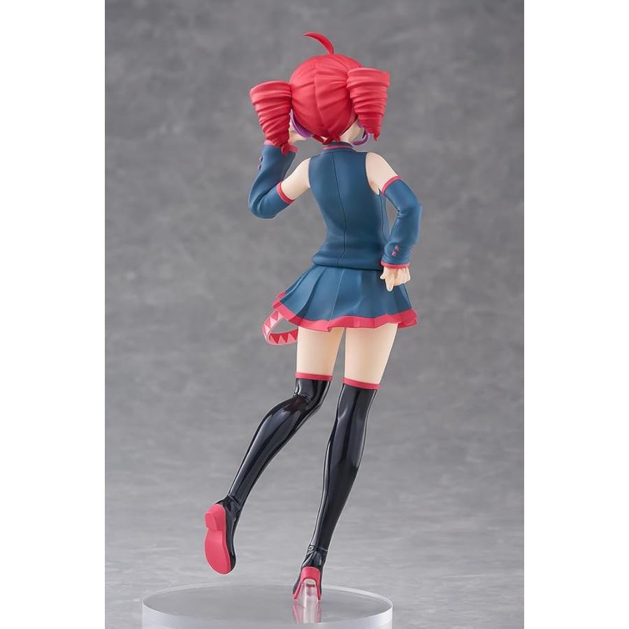 Rear view of Kasane Teto figure with red drill pigtails, blue outfit and black boots on a clear base.