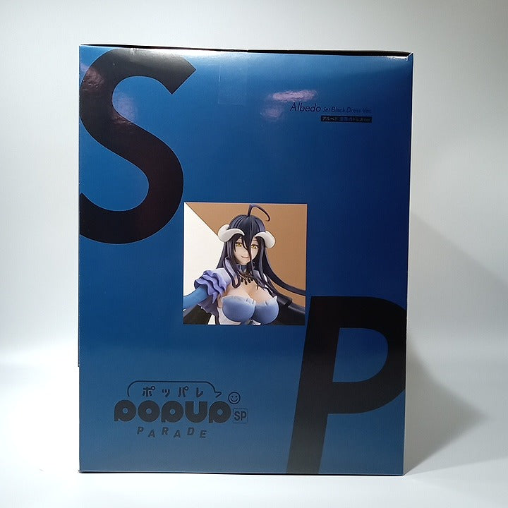 Front of a blue Pop Up Parade SP box showing Albedo Black Dress Ver. artwork, with the product name printed on