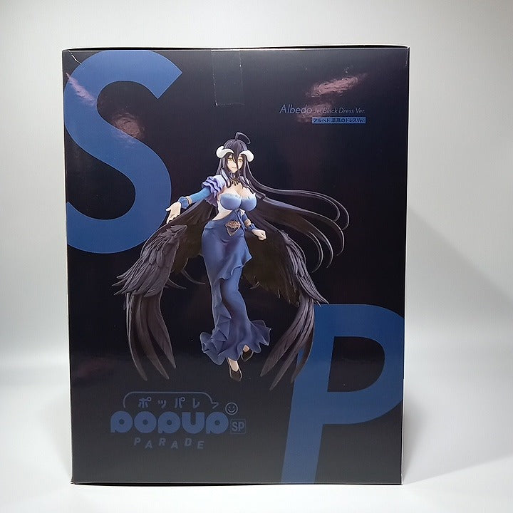 Front of a POP UP PARADE SP Albedo Jet Black Dress Ver. box with the character artwork and product name on a l