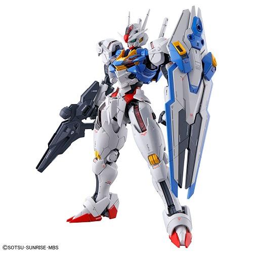 Gundam Aerial model posed with a dark rifle and blue-and-white shield on a white background.