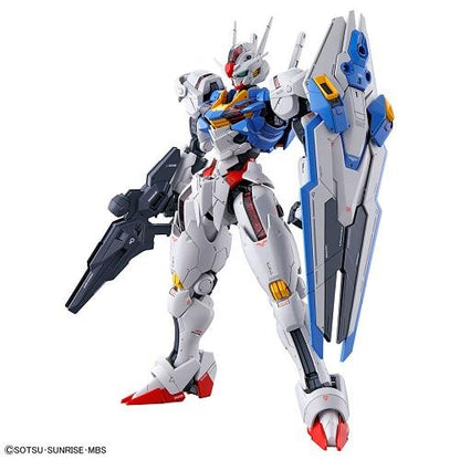 Gundam Aerial model posed with a dark rifle and blue-and-white shield on a white background.