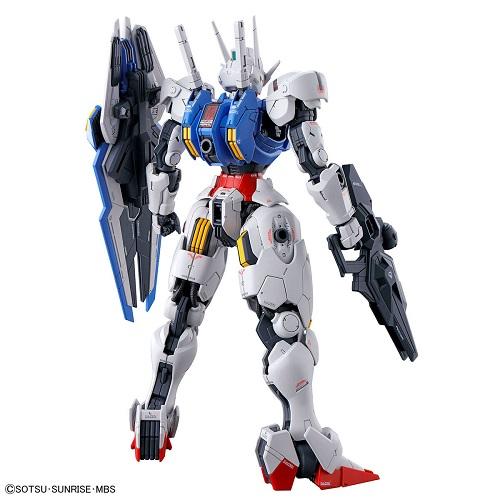 Gundam Aerial model in white, blue and red armor holding a rifle and shield on a white background.