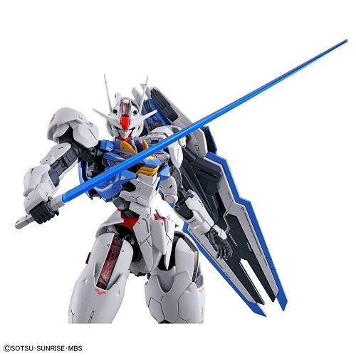 Gundam Aerial posed with a long blue beam saber and shield against a white background.