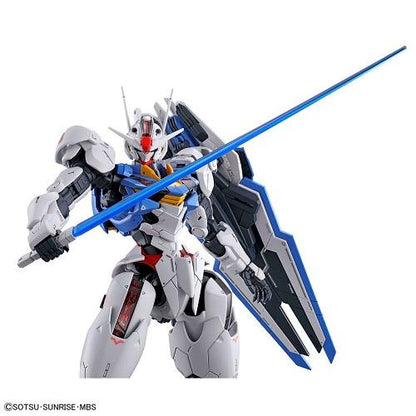 Gundam Aerial posed with a long blue beam saber and shield against a white background.