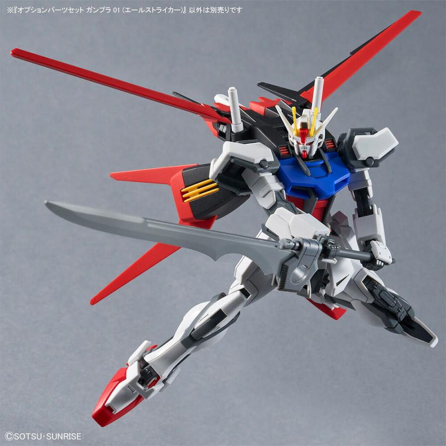 A Gundam model in a dynamic pose holding a sword, with red and black wings.