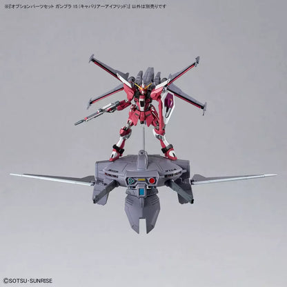 Cavalier Aifrid support craft displayed beneath a red Gundam with extended wings on a light gray background.