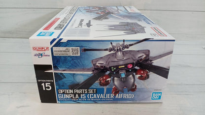 One Bandai Option Parts Set Gunpla 15 Cavalier Aifrid box on a pale wood-patterned surface.