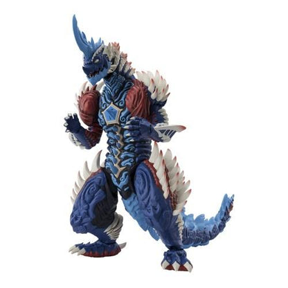 Blue horned monster figure with red chest plates, ivory spikes, clawed limbs and a curved tail.