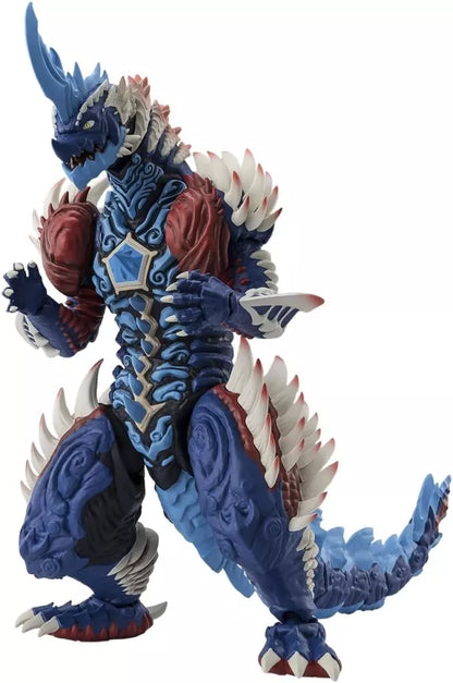 Blue horned monster figure with red chest armor, white spikes, clawed hands and feet, and a long tail.