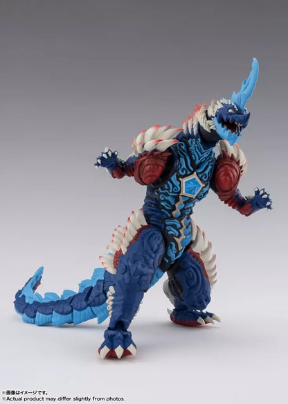 Blue horned monster figure with red shoulders, white spikes, and a long tail in a standing pose.