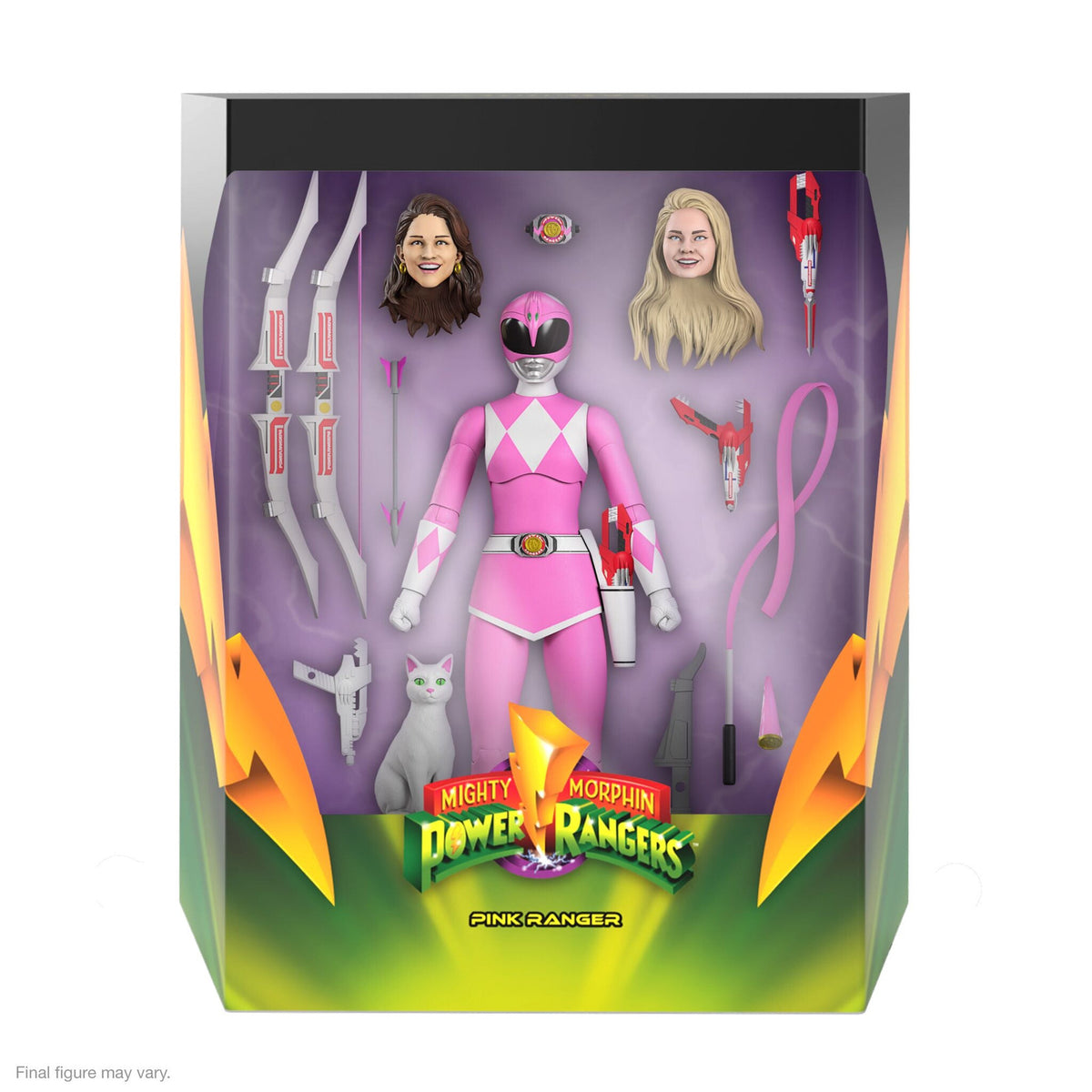 Pink Ranger Ultimates action figure in its window box with alternate heads, hands, weapons, and Power Rangers branding.