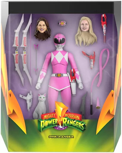 Pink Ranger figure in window packaging with alternate heads, weapons, accessories, and a white cat figure.