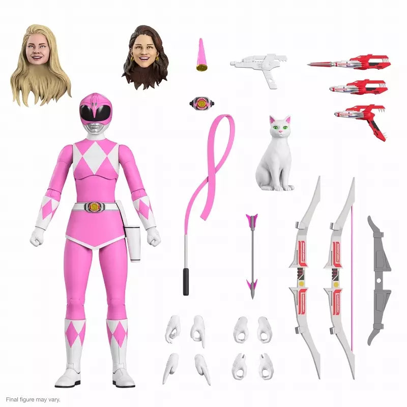 Pink Ranger figure with two alternate heads, interchangeable hands, weapons, pink ribbon, and white cat.