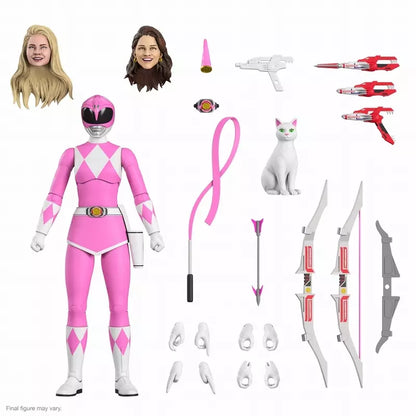Pink Ranger figure with two alternate heads, interchangeable hands, weapons, pink ribbon, and white cat.