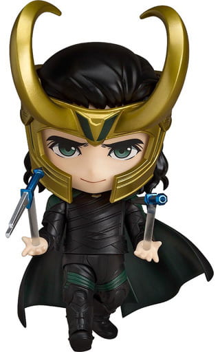 Loki figure wearing a gold horned helmet, black outfit and dark green cape, holding two daggers.