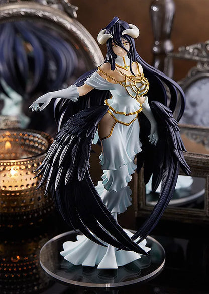 Albedo figure in a white and gold dress with black wings, posed on a round base beside ornate mirrors.