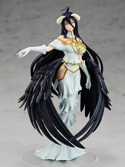 Albedo figure in a white and gold dress with black wings, long black hair and white horns on a clear base.
