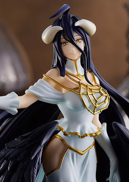 Close-up of Albedo with white horns, long black hair, a white and gold outfit, and black wings.