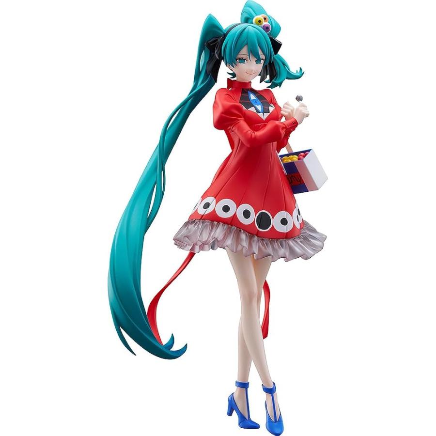 Hatsune Miku figure posing in a red dress on a white background.