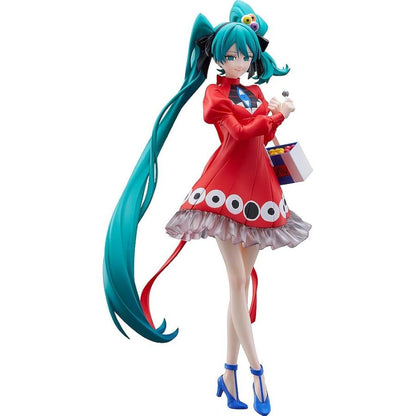 Hatsune Miku figure posing in a red dress on a white background.