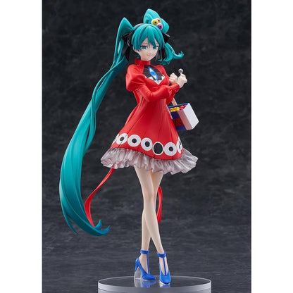 Hatsune Miku figure posing on a round base, holding a small bag.