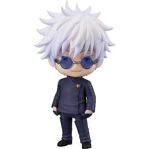 White-haired Gojo figure wearing round blue sunglasses and a dark school uniform, hands in pockets.