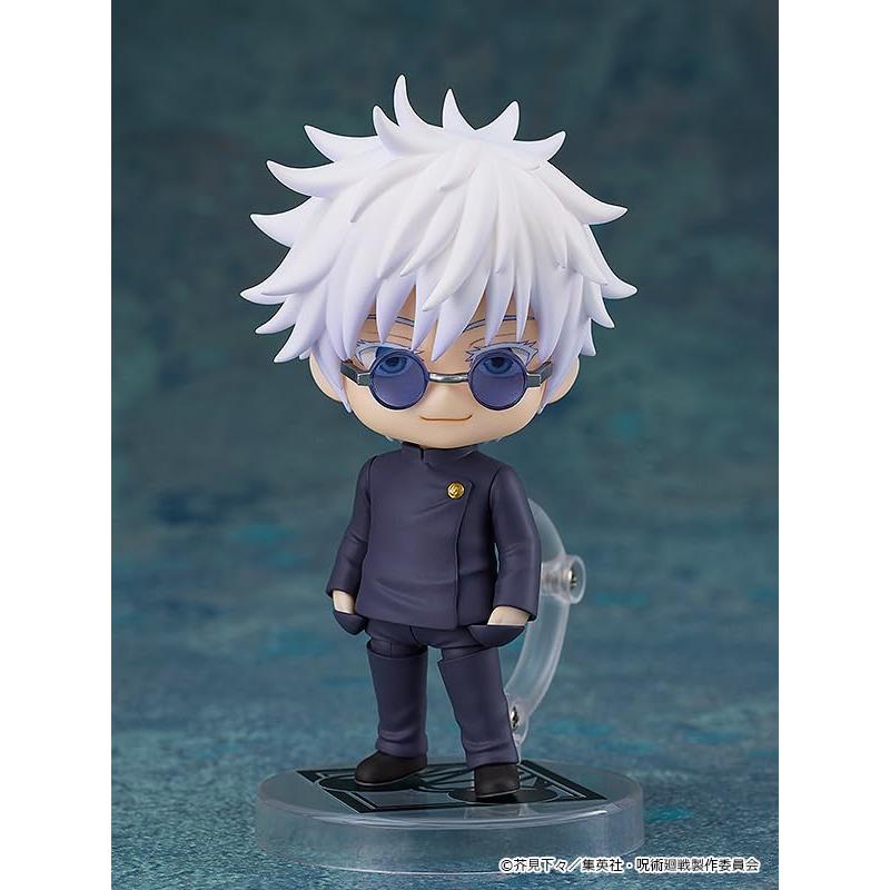 White-haired Gojo figure wearing round blue sunglasses and a dark school uniform on a clear display base.