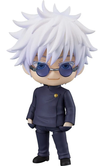 Satoru Gojo chibi figure with white hair, round blue sunglasses and a dark school uniform.