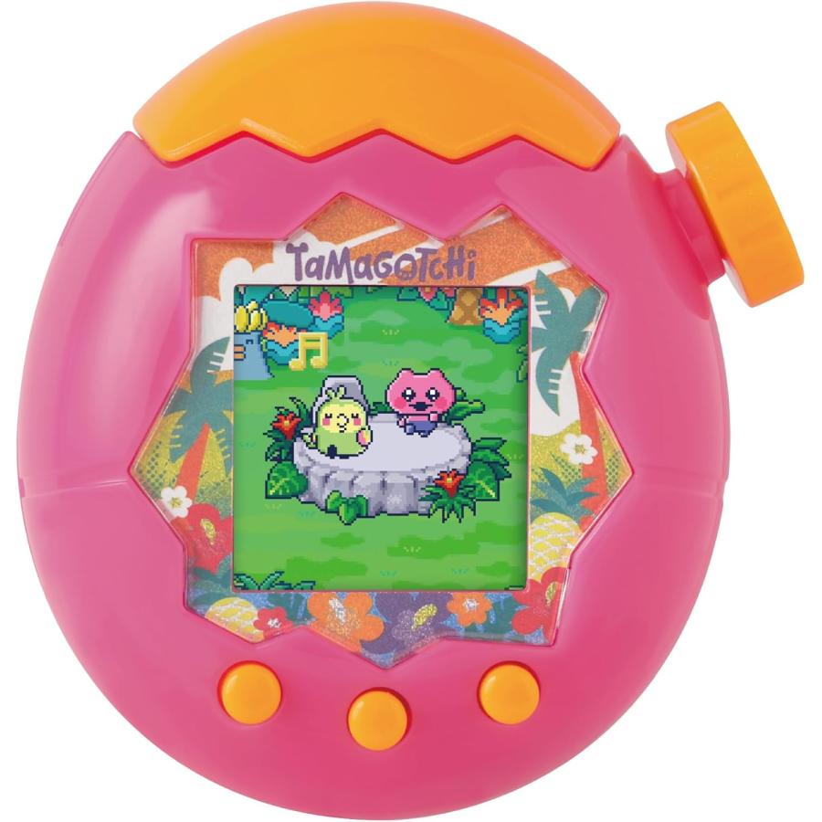 A pink and orange Tamagotchi device shown on a white background.