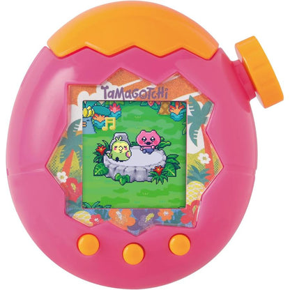 A pink and orange Tamagotchi device shown on a white background.