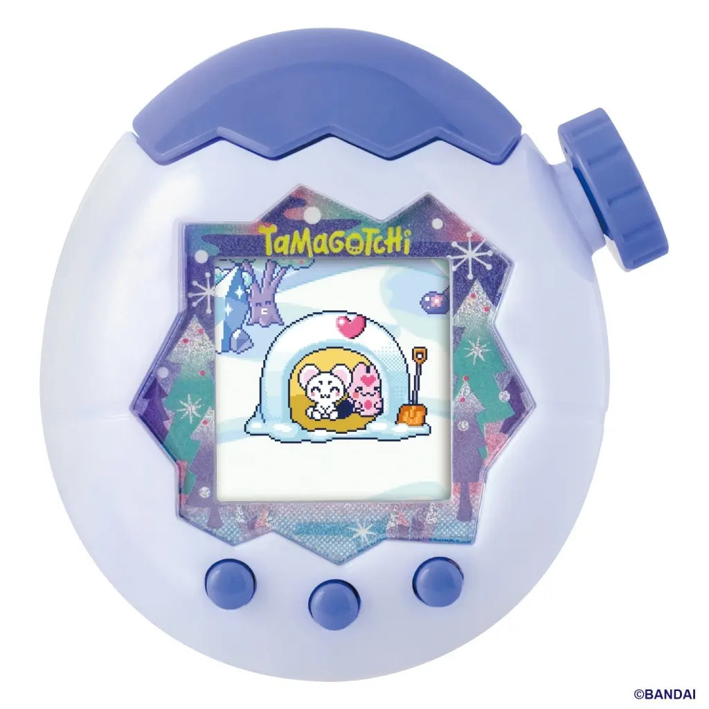 A white and blue Tamagotchi device shown on a plain white background.