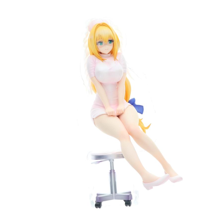 A blonde anime nurse figure seated on a rolling stool against a white background.