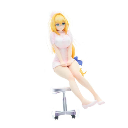 A blonde anime nurse figure seated on a rolling stool against a white background.
