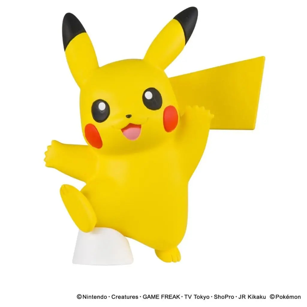 Pikachu figure with arms spread, one foot raised on a white support, and a lightning-shaped tail.