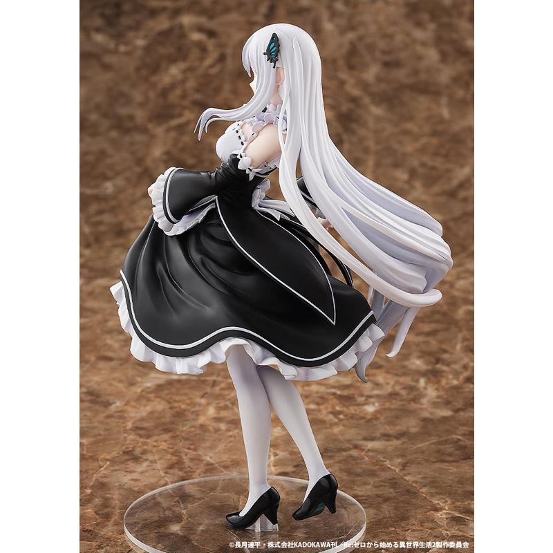 A white-haired anime maid figure in a black dress, shown in profile on a clear round base.