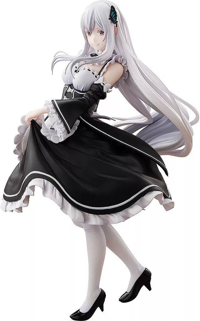 A maid-outfit anime figure of a silver-haired woman posing on a white background.