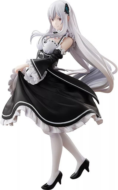 A maid-outfit anime figure of a silver-haired woman posing on a white background.