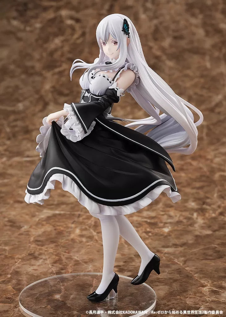 A white-haired anime maid figure posing on a clear base against a brown backdrop.