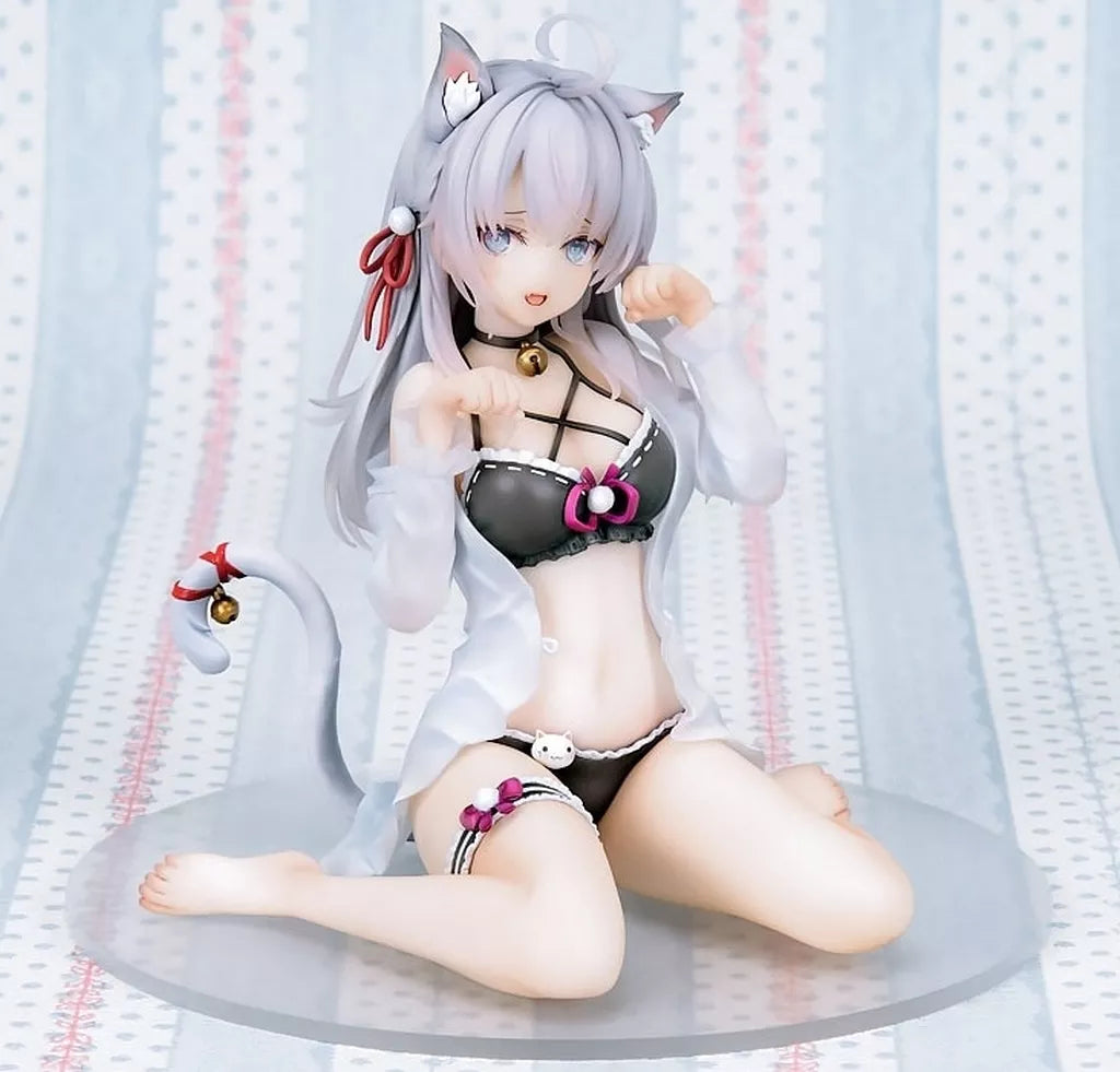 A seated catgirl anime figure with silver hair, ears, tail, and a clear round base.