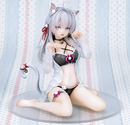 A seated catgirl anime figure with silver hair, ears, tail, and a clear round base.