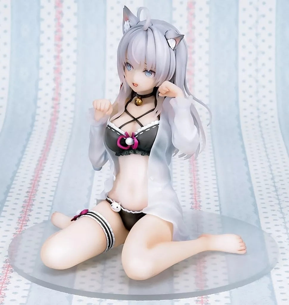 Catgirl anime figure posing on a clear base against a light patterned backdrop.