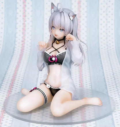 Catgirl anime figure posing on a clear base against a light patterned backdrop.