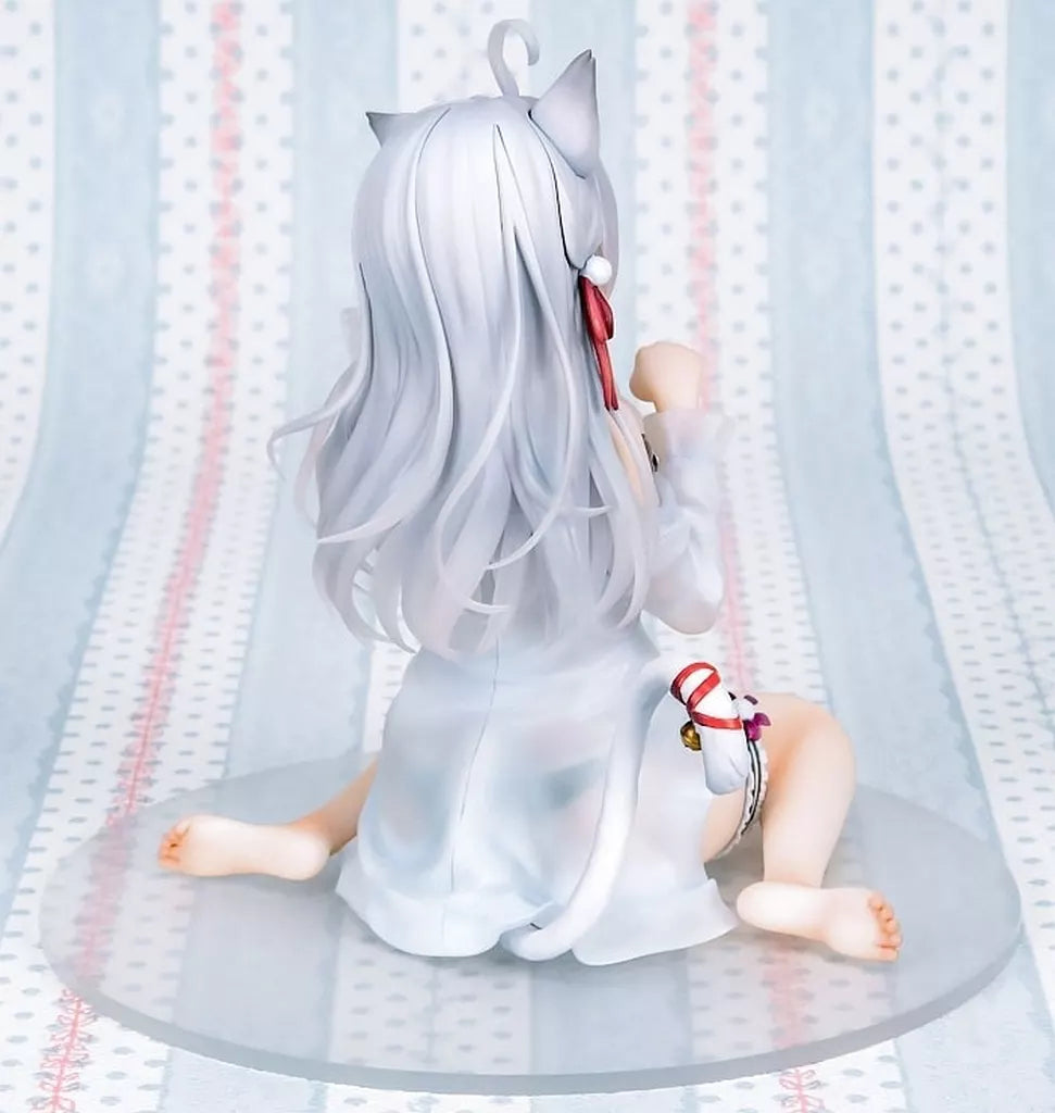 A catgirl anime figure is shown from the back, seated on a clear round base.