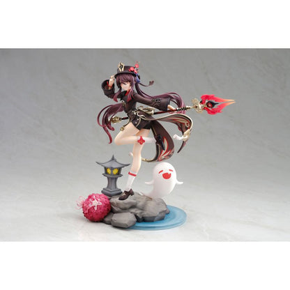 A Hu Tao figure posed on a base with a lantern and a small ghost figure.