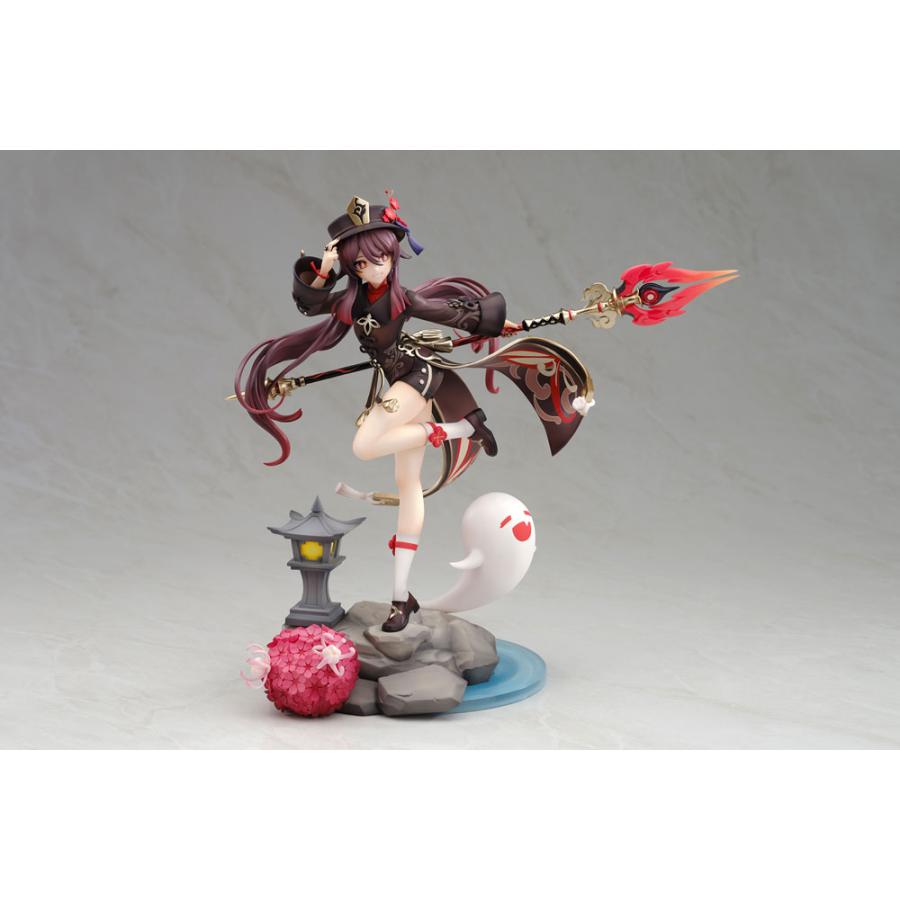 A Hu Tao figure posed with a spear, lantern, pink flower cluster, and ghost accessory on a light background.