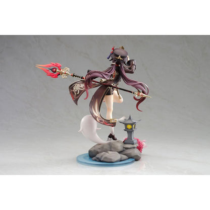 Hu Tao figure posed on a rocky base with a lantern and spear.